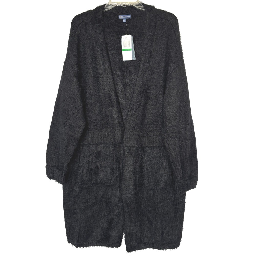Democracy Black Fuzzy Longline Cardigan Sweater Size L